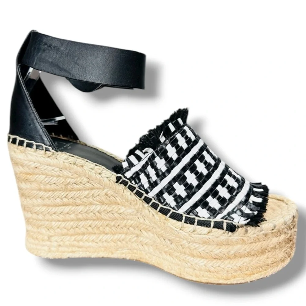 Marc Fisher Andrew Espadrille Wedge Sandals Black White Woven Platform Sz 6 Euro